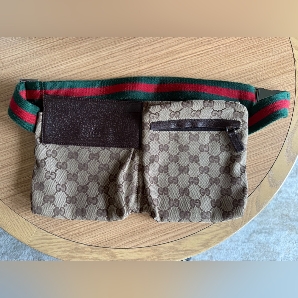 Gucci Beige Monogram Belt Bag with Green and Red Strap